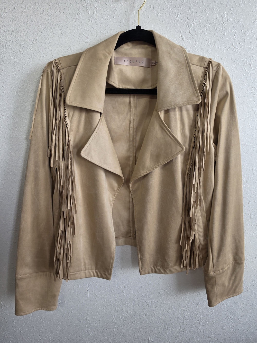 Esqualo Faux Suede Fringe Moto Jacket Beige US 8 EU 38 Western Boho